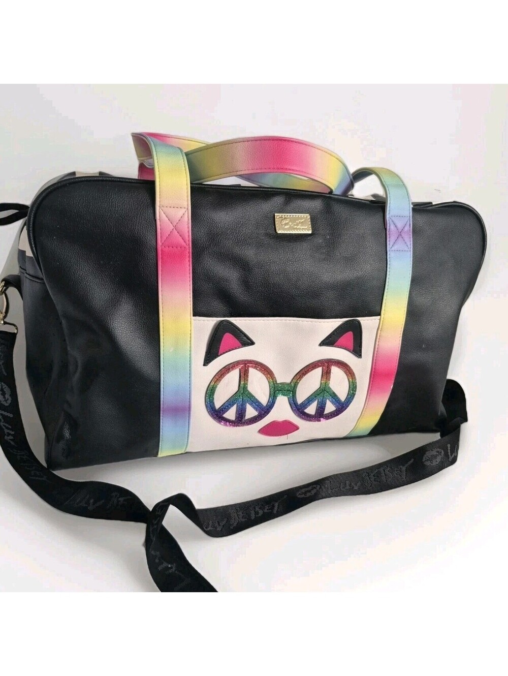 Betsey Johnson faux leather weekender duffle bag 18" cat design and rainbows - Picture 2 of 16